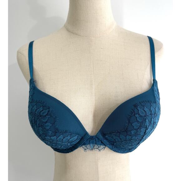 Victorias Secret Very Sexy Push Up Bra 34C Teal Lace Overlay Underwire Padded - Picture 1 of 7